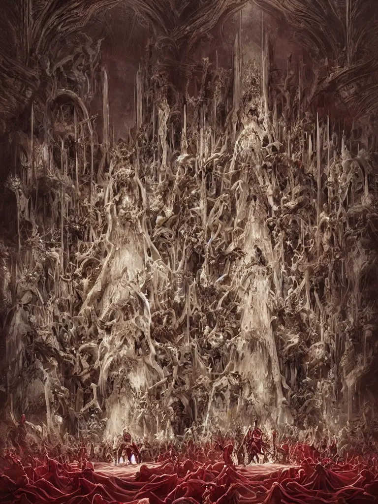 Image similar to matte painting of a huge ivory throne of bones, abominations are kneeling in front of the throne, red tones, highly coherent, ultra realistic, concept art, intricate details, eerie, highly detailed, photorealistic, octane render, 8 k, unreal engine. art by artgerm and greg rutkowski and alphonse mucha