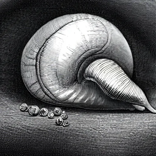 Image similar to a close-up an immortal snail crawling out of a broken open up tungsten ball, painted in the style of Gustave Doré