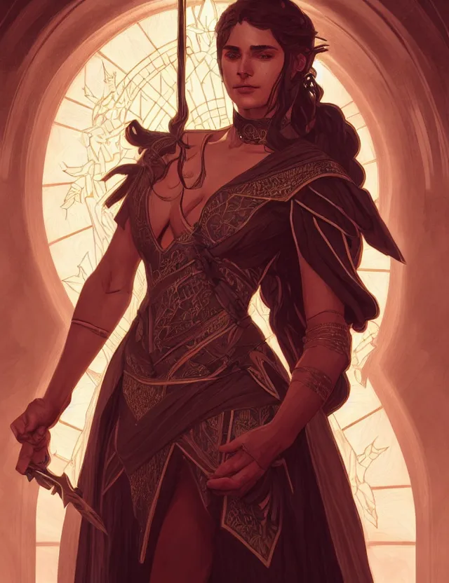 Image similar to symmetry!! intense fanart of a rebeca as a mage warrior as acotar protagonist, magic background, intricate, elegant, highly detailed, my rendition, digital painting, artstation, concept art, smooth, sharp focus, illustration, art by artgerm and greg rutkowski and alphonse mucha