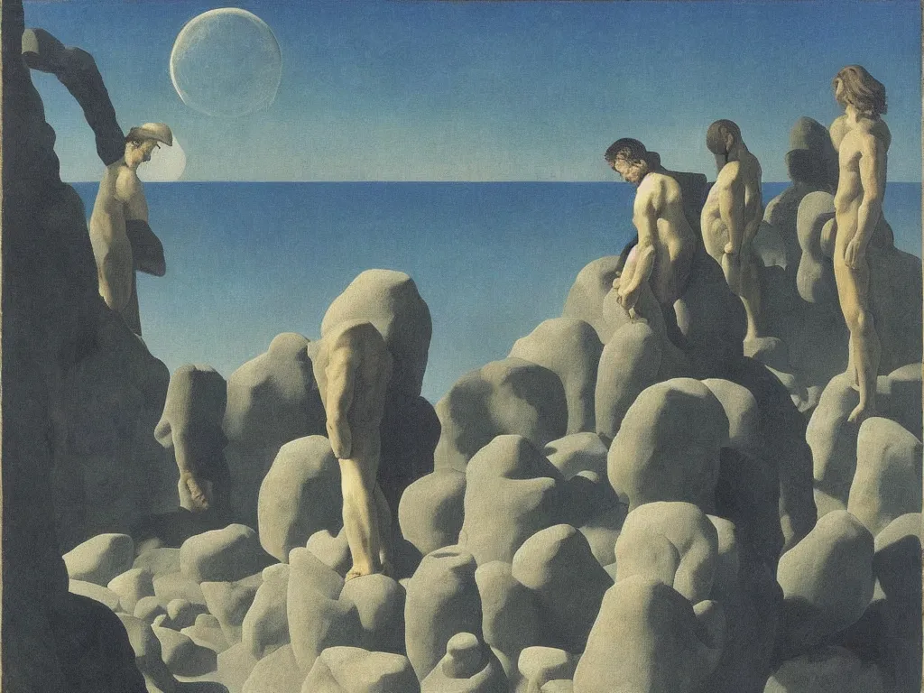 Prompt: The sentient rocks are taking revenge. long, long shadows over the man. Surreal everything: tooth an nail. Painting by Zurbaran, Rene Magritte, Jean Delville, Max Ernst, Maria Sybilla Merian