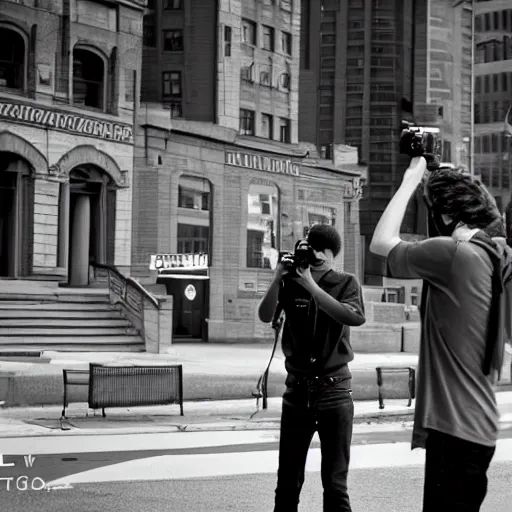 Image similar to young male taking photographs in pittsburgh real life, black and white, 1 9 7 0 s, 8 k, 4 k uhd, realistic, hyper realistic, super detailed, very detailed, detailed