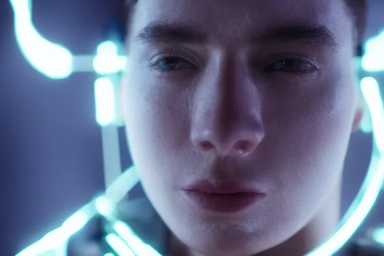 Image similar to VFX movie of a cyborg hacker closeup portrait in high tech compound, beautiful natural skin neon lighting by Emmanuel Lubezki
