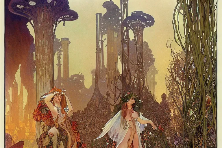 Image similar to morning autumn medievil tall crumbling smokestacks with mushroom clouds lightening in the background by alphonse mucha, rodney matthews, trending on artstation.