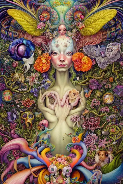 Prompt: hyper - maximalist overdetailed painting by hannah yata caitlin hacket. artstation. deviantart. cgsociety. inspired by hieranonymus bosch and heidi taillefer. surrealism infused lowbrow style. visionary psychedelic fineart. hyperdetailed high resolution render by binx. ly in discodiffusion. dreamlike polished render by machine. delusions. sharp focus.