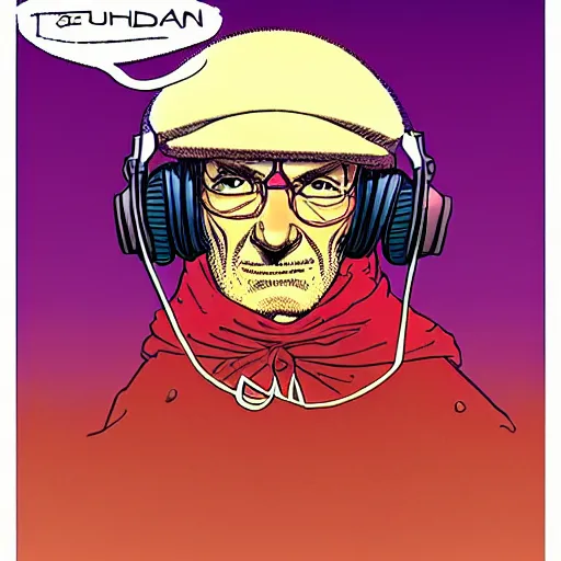 Image similar to drawn in the style of jean giraud!! moebius!! rackham the red wearing headphones and speaking into big microphone, podcast studio