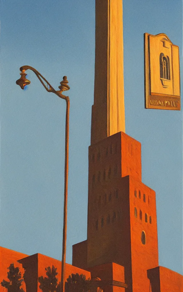 Prompt: a painting of Coughlin Campanile in Brookings South Dakota, golden hour, an art deco painting by Grant Wood, featured on behance, american scene painting, movie poster, poster art, concert poster