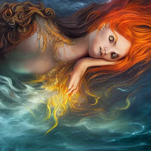 Prompt: Portrait of a sunken ship, mermaid, face, orange flowing hair, fantasy, intricate, elegant, beautiful, magical, large eyes, luminescent, enchanted, yellow mist, highly detailed, hyper realistic, digital painting, artstation, concept art, smooth, sharp focus, 4k, 8k