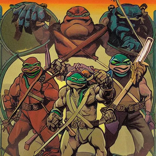 Prompt: teenage mutant ninja turtles by Alphonse Mucha