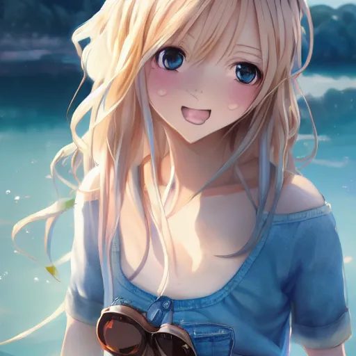 Image similar to a very beautiful anime girl, full body, long wavy blond hair, sky blue eyes, full round face, short smile, cute top, short jeans, summer lake setting, cinematic lightning, medium shot, mid-shot, highly detailed, trending on Artstation, Unreal Engine 4k, cinematic wallpaper by Stanley Artgerm Lau, WLOP, Rossdraws, James Jean, Andrei Riabovitchev, Marc Simonetti, and Sakimichan