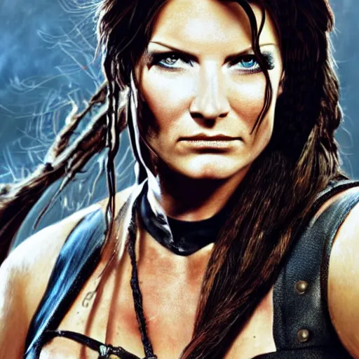 Image similar to Floor Jansen as Lara Croft highly detailed headshot Portrait.