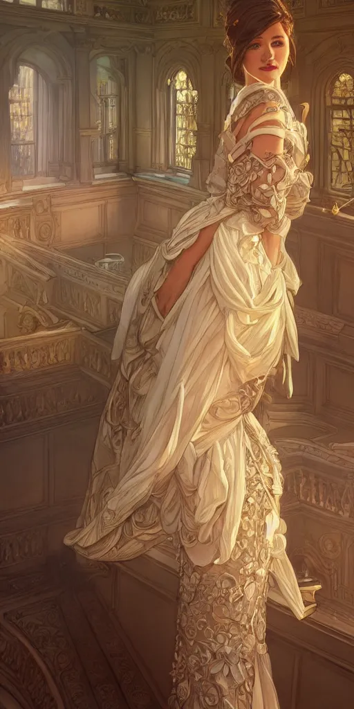 Image similar to mayors beautiful daughter, elegant dress, town hall, intricate, highly detailed, digital painting, artstation, concept art, smooth, sharp focus, illustration, Unreal Engine 5, 8K, art by artgerm and greg rutkowski and alphonse mucha, by Jesper Ejsing