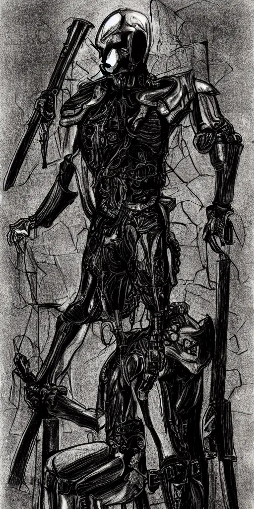 Prompt: full-body dark creepy neo gothic realistic diagram drawing central composition a decapitated soldier with futuristic elements. he looks at you with no head, dark dimension, empty helmet inside is occult mystical symbolism headless full-length view. standing on ancient altar eldritch energies disturbing frightening, hyper realism, 8k, sharpened depth of field, 3D