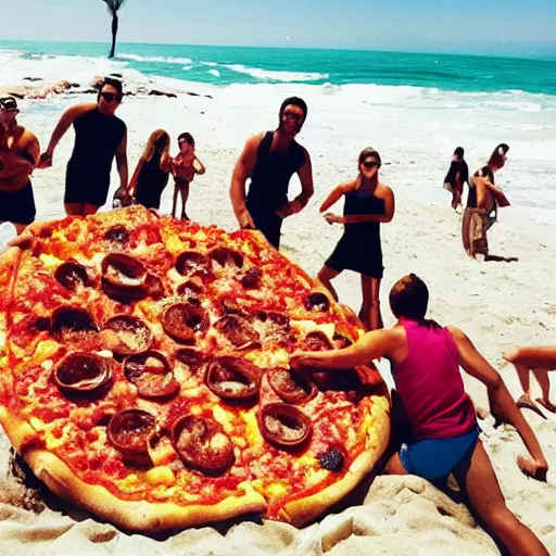 Prompt: “ a giant pile of pizza on the beach. contestants on the tv show survivor next to it excited. 8 k photo ”