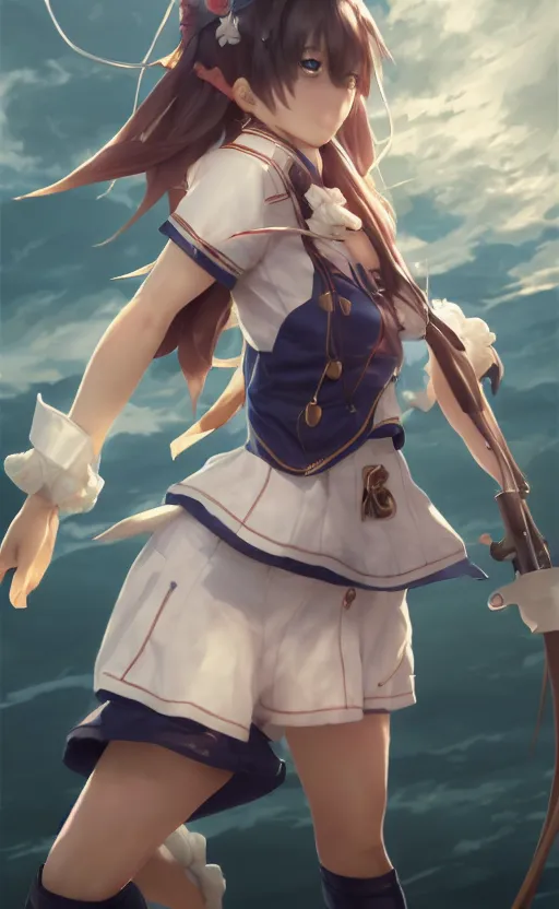 Image similar to highly detailed, character art, octane, stunning, realistic lightning, realistic ocean, characters from azur lane, matte, sharp focus, intricate, 150mm, illustration, artstation, art by akio watanabe and greg rutkowski, realistic anatomy, smooth, female sailor uniforms, explosions