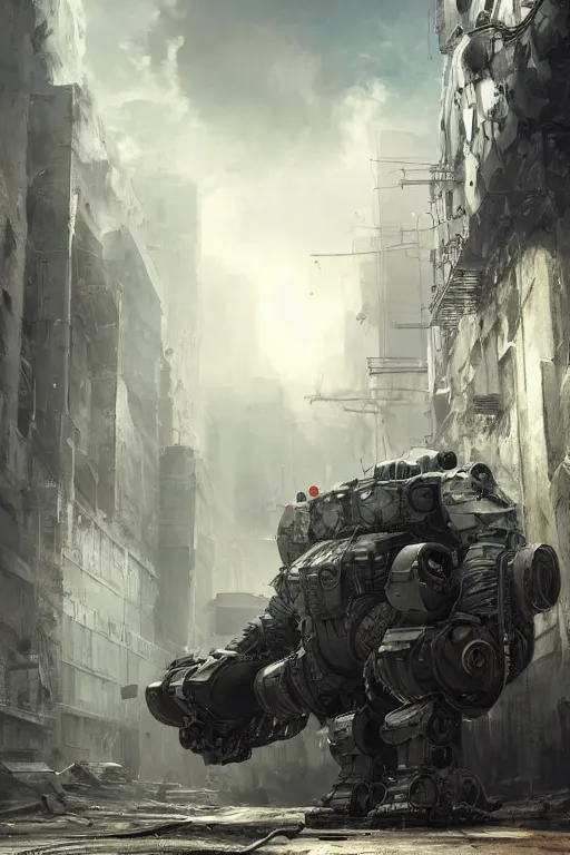 Image similar to ultra realist and ultra intricate detailed soft painting of a large mech, standing in a post-apocalyptic street, sensual gloomy style, volumetric clouds, artstation, unreal render, depth of field