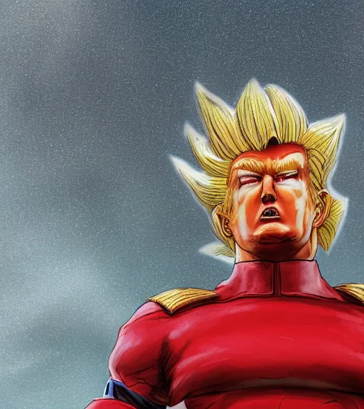 Prompt: award winning 5 5 mm close up portrait color photo of super saiyan trump, in a park by luis royo and stefan kostic. soft light. sony a 7 r iv