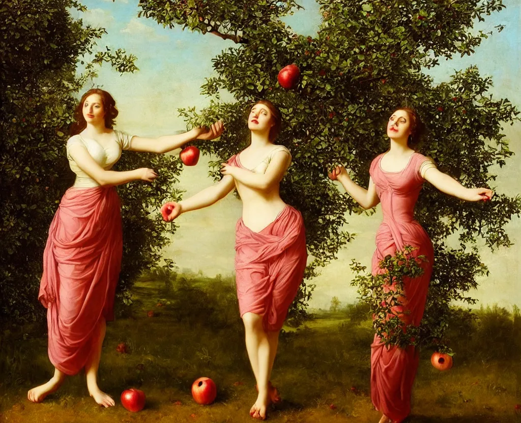 Prompt: Beautiful woman stands on the side of a lonely apple tree facing the camera holds apple in hand, classical painting, realism, morning sun