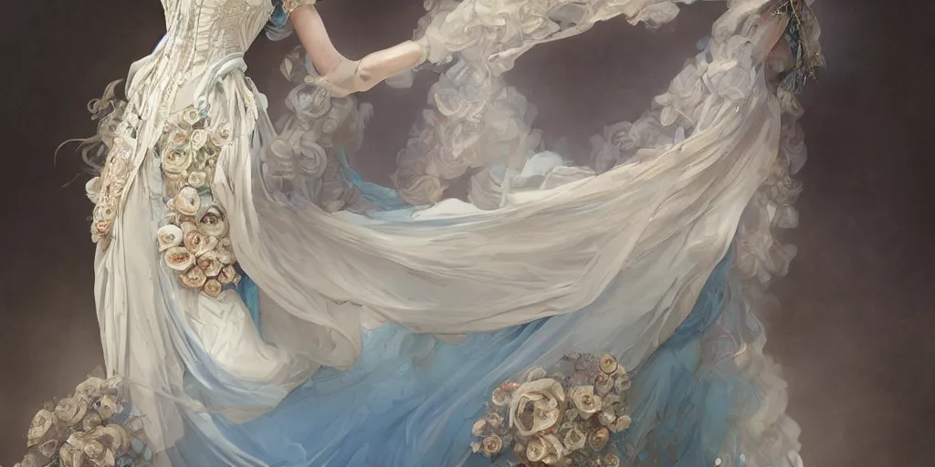 Image similar to lonley lady dressed in a vaporous wrapped large victorian intricate majestic cream roses silk semi-transparent blue and cream dress fashion is running D&D, fantasy, intricate, elegant, highly detailed, digital painting, artstation, concept art, matte, sharp focus, illustration, art by Artgerm and Greg Rutkowski and Alphonse Mucha