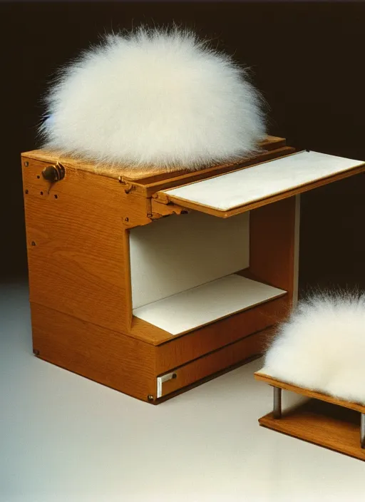 Image similar to realistic photo of a a medieval wooden electronic astronomic archeology scientific chemistry ornithology equipment made of oak wood and brushwood, with white fluffy fur, by dieter rams 1 9 9 0, life magazine reportage photo, natural colors