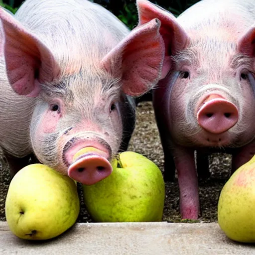 Image similar to two pigs eating a bucket full of pears