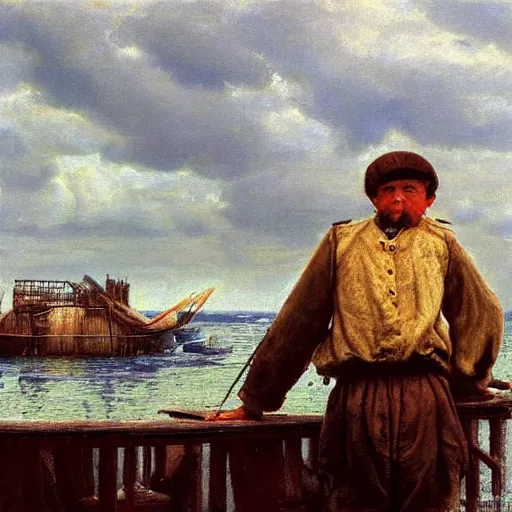 Image similar to painting of cabin boy hyperrealism vasily vereshchagin at harbor