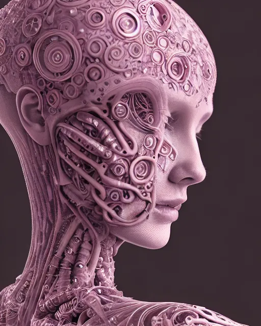 Image similar to mythical dreamy organic bio - mechanical spinal ribbed profile face portrait detail of translucent steampunk beautiful intricated monochrome angelic - human - queen - vegetal - cyborg, highly detailed, intricate translucent pale pink ivy jelly ornate, poetic, translucent roses ornate, 3 d render, digital art, octane render, 8 k artistic photography