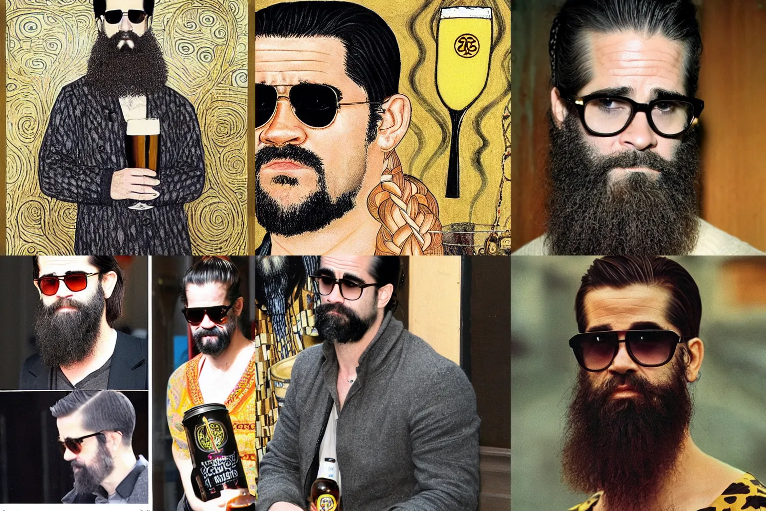 Prompt: klimt long black two braided beard thick eyebrows black short hair colin farrell ray ban glasses drinking a pint of beer