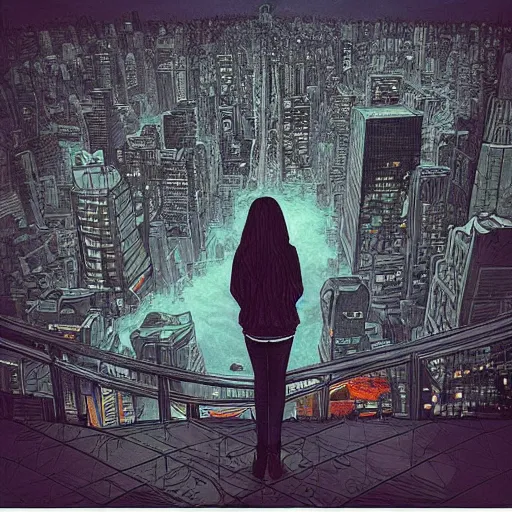 Prompt: “ a girl looking down at a futuristic new york city below, ghostpunk, fog, storm clouds, rain, detailed face, by james jean ”