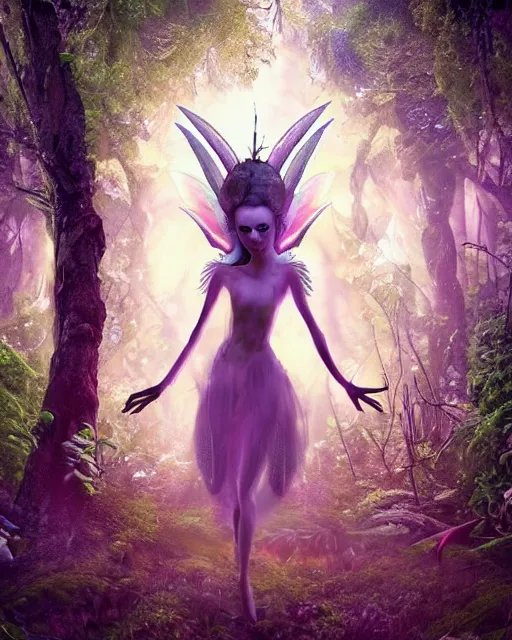 Image similar to a doomed fairy walking towards a ravenous, horrific portal to hades embedded in a creepy tree in a densely overgrown, magical jungle, fantasy, dreamlike sunraise, stopped in time, dreamlike light incidence, ultra realistic