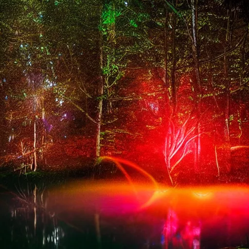 Prompt: photography at night of an ethereal pond, a central sunlight glare, mystical lights, cyber futuristic lights in the sky, masterpiece, epic, cinematic, hyperealistic photo, high detailed, red flashlight at night