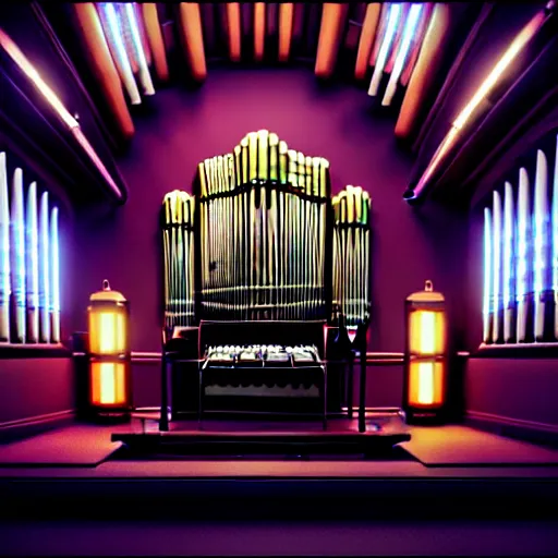 Prompt: pipe organ in the main office of the time saving bank, cyber punk, retro machinery, futuristic hi-tech details, art by anthony macbain + greg rutkowski + jean giraud, concept art, 4k, sharp focus, cinematic render unreal engine