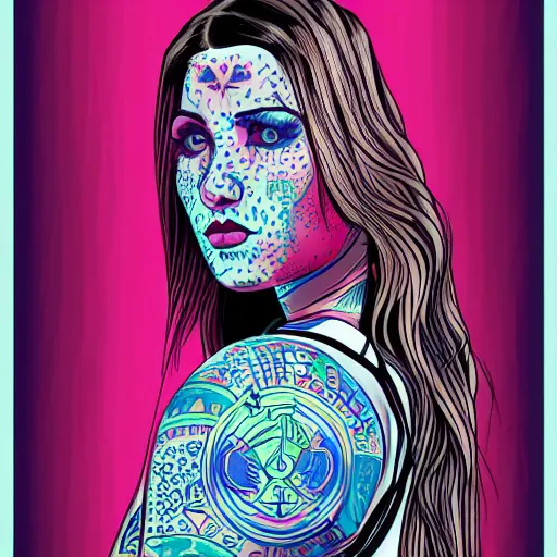 Image similar to a portrait of tattooed slavic woman in retro colors, synthwave style, 2 d digital vector art