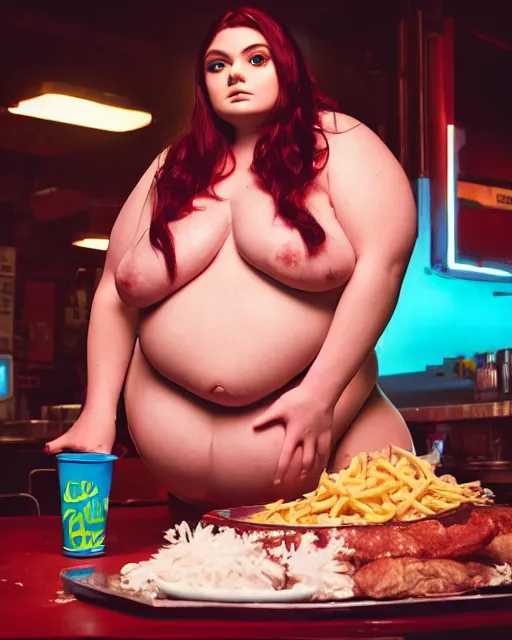 Prompt: film still of obese 3 0 0 - pound ariel winter at mcdonald's, vibrant high contrast, octane, arney freytag, cinematic, portrait, backlit, rim lighting, 8 k