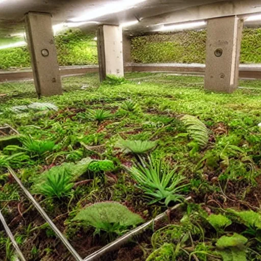 Image similar to abandoned, overgrown, underground bunker. mutated carnivorous plants