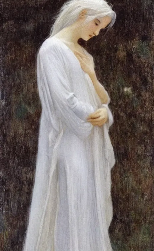 Image similar to say who is this with silver hair so pale and wan! and thin!? female angel, wearing white robes flowing hair, fair body, white dress!! silver hair, covered!!, clothed!! lucien levy - dhurmer, fernand keller, oil on canvas, 1 8 9 6, 4 k resolution, aesthetic, mystery