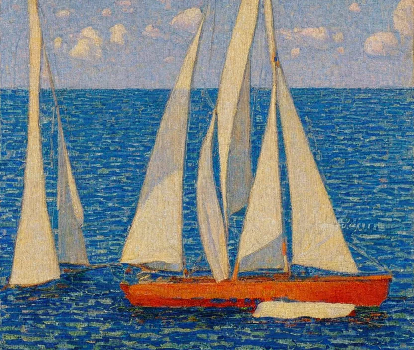 Image similar to van Rysselberghe painting of a single mast sailboat