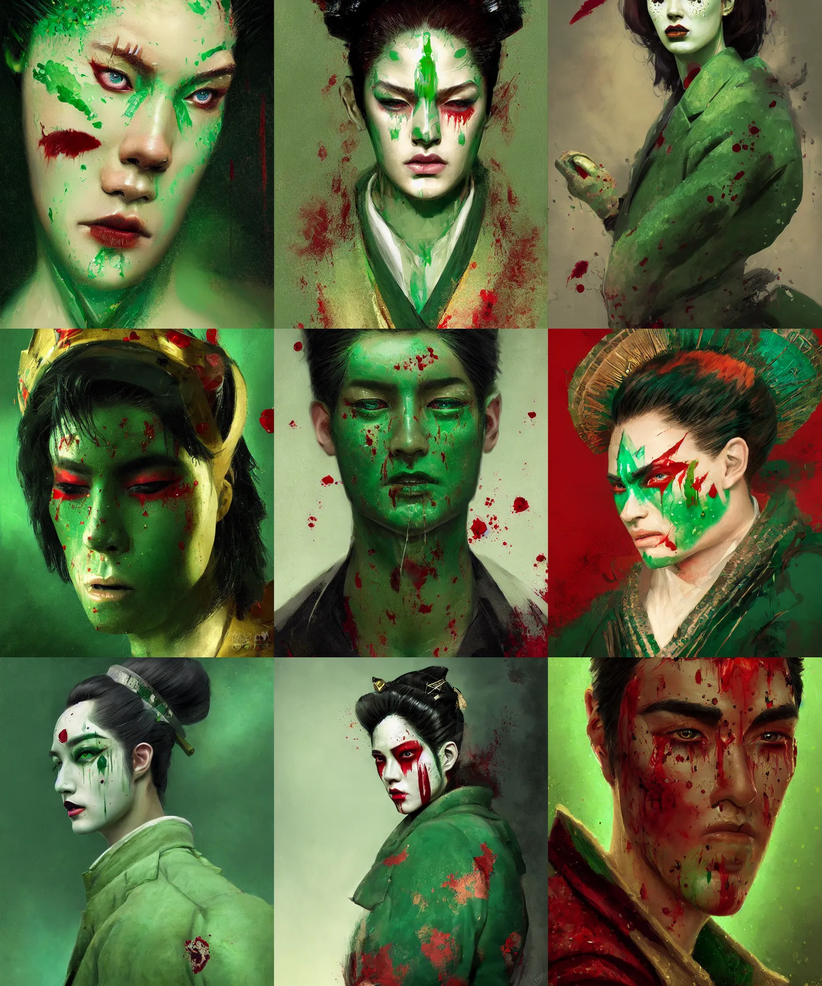 Prompt: digital art painting of young handsome guy diamond shaped face dnd portrait, blood tears, remarkable geisha make up, wearing a green jacket painted by craig mullins and gaston bussiere and greg rutkowski, symmetrical face, defined facial features, symmetrical facial features, dramatic lighting, close up