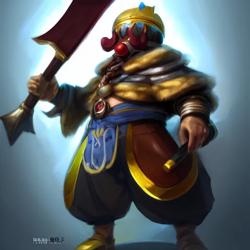 Image similar to king dedede holding his hammer. league of legends character art. digital illustration. hyper realistic. high quality. high resolution. 4 k. dynamic lighting. highly detailed. trending on artstation. ruan jia, wlop. scifi, fantasy, magic the gathering, hyper detailed, octane render, concept art, peter mohrbacher.