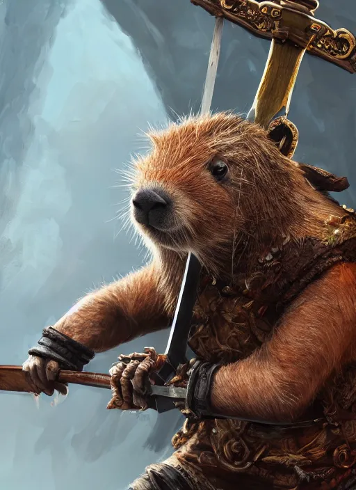 Image similar to detailed full body concept art illustration, oil painting on canvas of an anthropomorphic capybara barbarian swinging a broad sword in full intricate clothing, biomutant, dystopian, micro detail, octane render, 4K
