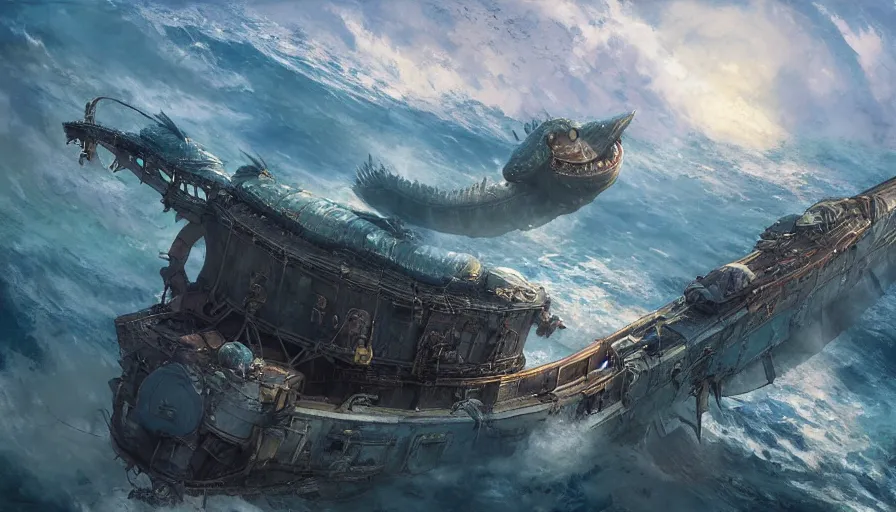 Image similar to craig mullins and ghibli digital illustration of a long train dragon in deep ocean unreal engine, hyper realism, realistic shading, cinematic composition, realistic render, octane render, detailed textures, photorealistic, wide shot