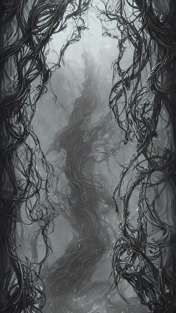 Prompt: long thick vines everywhere, fantasy art, art station, grey background,