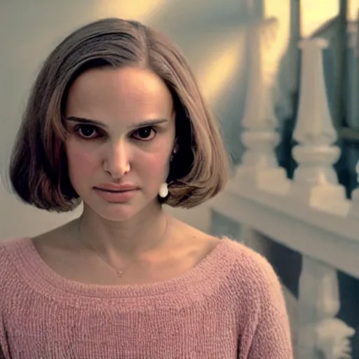 Image similar to Portrait of young Natalie Portman in a Wes Anderson movie, 4k cinematic quality, bluray image