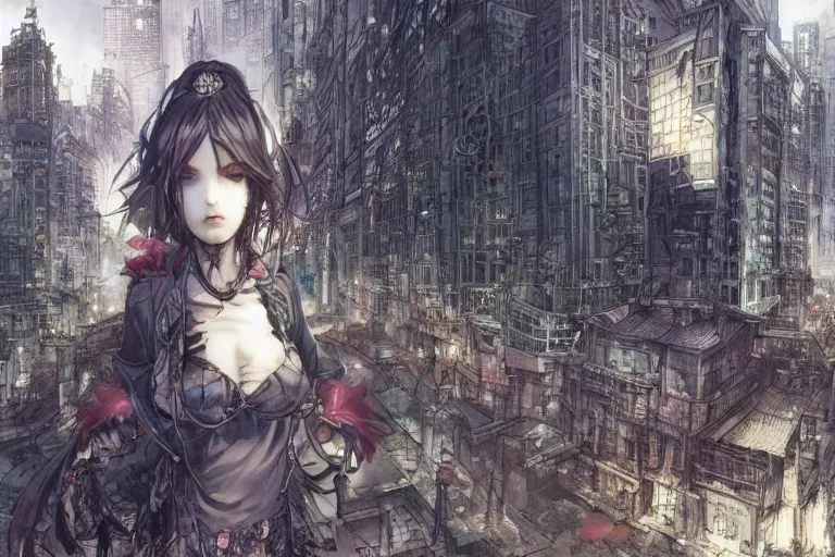 Image similar to goth woman in front of city, color page, tankoban, 4 k, tone mapping, akihiko yoshida, james jean andrei riabovitchev marc simonetti, yoshitaka amano, long hair, curly, h. hydrochaeri