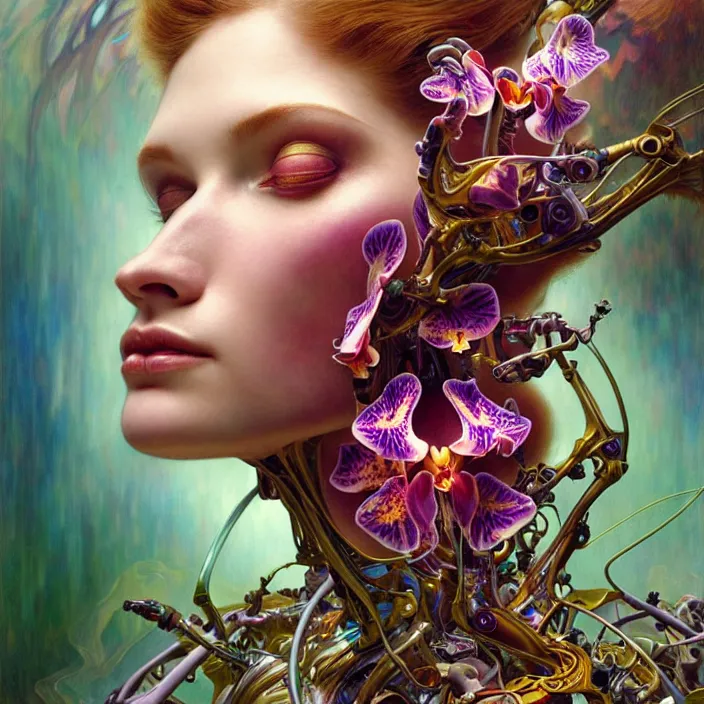 Prompt: malfunctioning psychedelic organic cyborg orchid, diffuse lighting, fantasy, intricate, elegant, highly detailed, lifelike, photorealistic, digital painting, artstation, illustration, concept art, smooth, sharp focus, art by John Collier and Albert Aublet and Krenz Cushart and Artem Demura and Alphonse Mucha