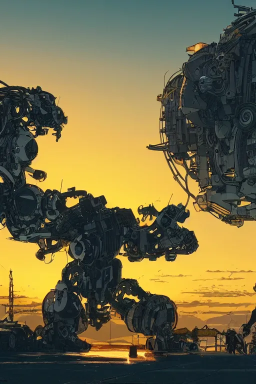 Image similar to A real photo of a Mechanical Bear and the sunset in the distance, by Josan Gonzalez, Yoji Shinkawa and Geof Darrow, highly detailed, Unreal Engine Render, 3D, 8k wallpaper