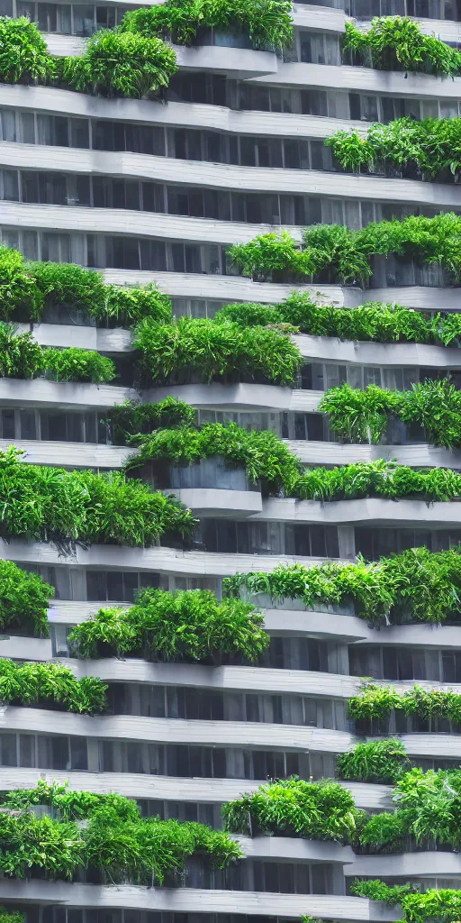 Prompt: close shot photo of a cluster of organic skyscrapers made of glass and wood. Verdant plants hang from deep balconies that wrap around the floor plates. Cinematic, trending on artstation.