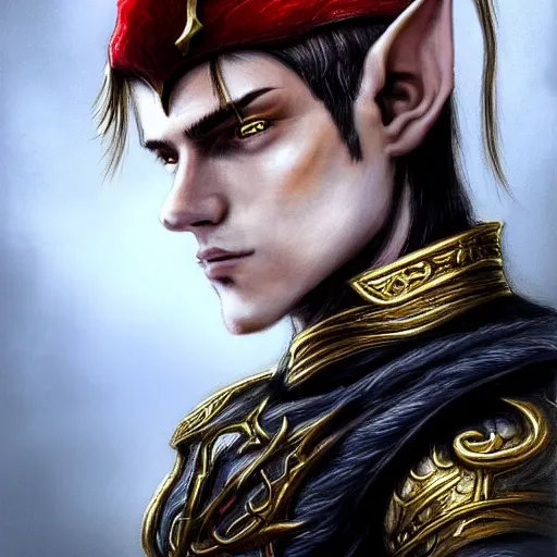 Prompt: Portrait of an elf, he is about 20 years old, lean and muscular, attractive, military compusure, smug look, he is wearing a black metal tiara | black heavy armor with gold plating | red cape, highly detailed portrait, digital painting, illustration, smooth, sharp focus, ArtStation, ArtStation HQ.