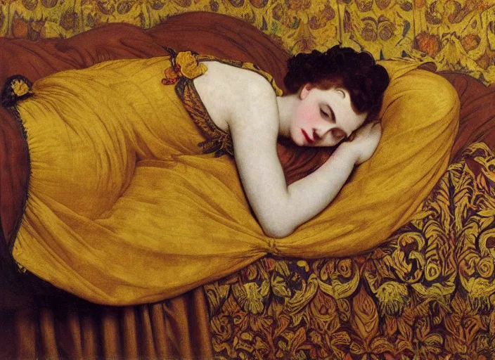 Image similar to portrait of judy garland reclining on bed, wearing yellow ochre ornate medieval dress, preraphaelite colour photography by frederic leighton, william morris, 8 k