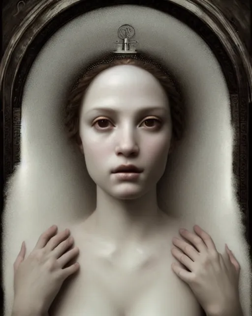 Image similar to dreamy, monochrome, subsurface scattering, white, young beautiful goddess in cosmos, octane render, dino valls, mark ryden, joe fenton, highly detailed, rim light, art, cinematic lighting, very coherent, hyper realism, 8 k