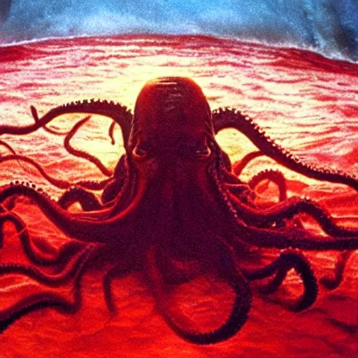 Image similar to the anti - christ rising from a red ocean with slimy tentacles. color detailed photograph from a 1 9 9 0 s horror movie.